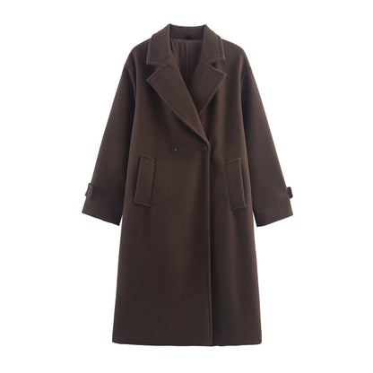 Brown Woolen Coat for Women with Notch Neck