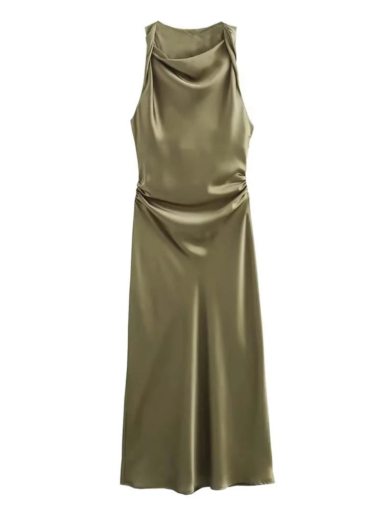 Satin Midi Dress for Women Sleeveless Elegant Evening Dress