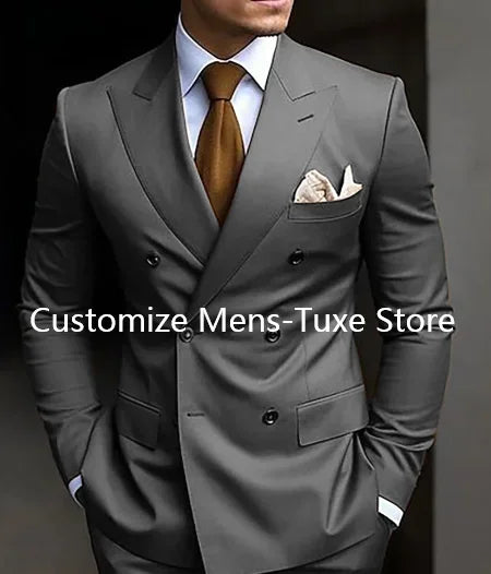 Brown Men's Slim Fit Double Breasted Suit Blazer