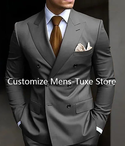 Brown Men's Slim Fit Double Breasted Suit Blazer