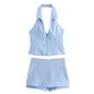 Women Summer 2 Piece Set V-Neck Backless Zipper Top