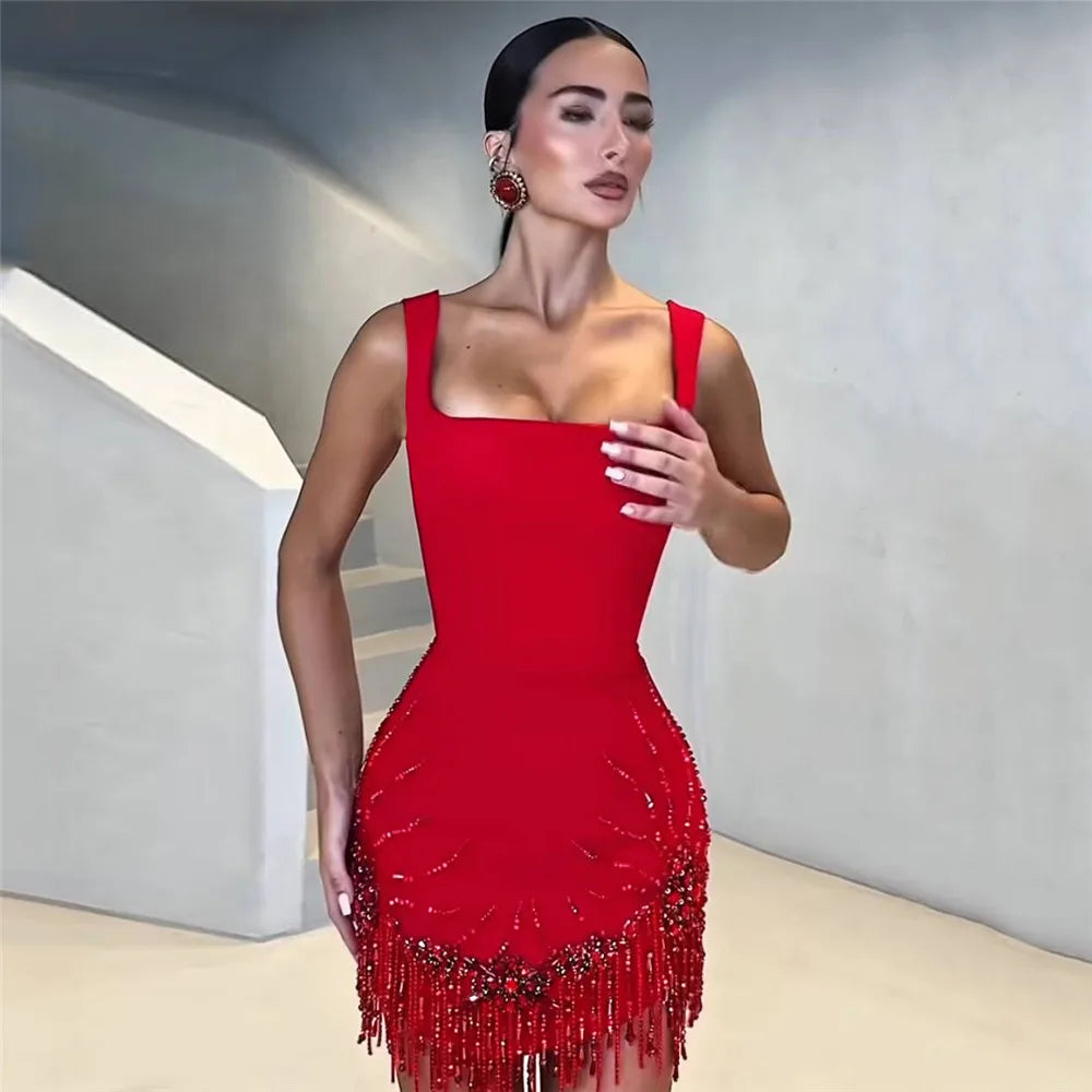 Women Sleeveless Bandage Dress with Beading and Tassels