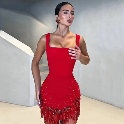 Women Sleeveless Bandage Dress with Beading and Tassels