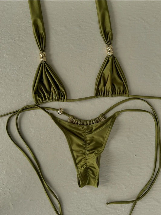 Low Waisted Micro Bikini Set Women Swimwear Solid Terylene