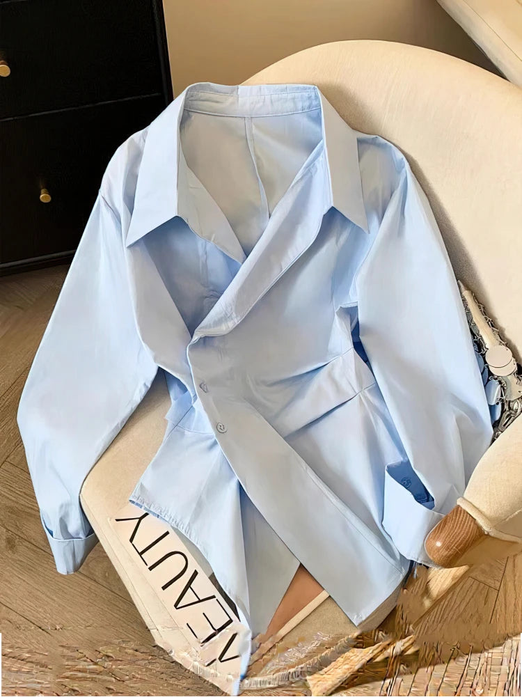 Irregular Long Sleeve Polo Shirt Women White Blouse