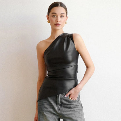 Slim Sleeveless One-Shoulder Zipper Jacket