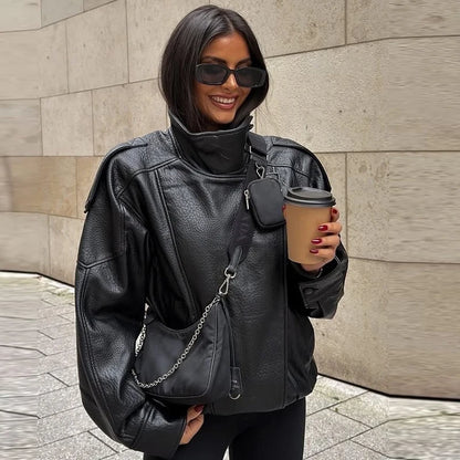 HXAO Black Faux Leather Cropped Bomber Jacket