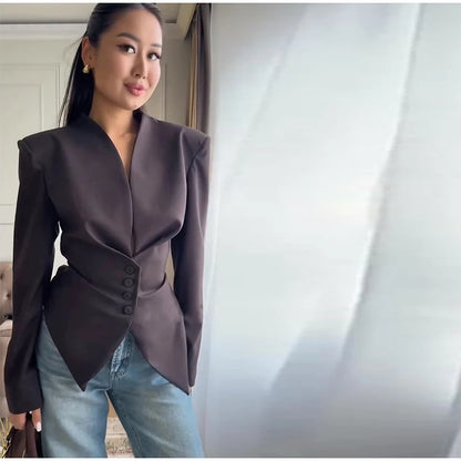 Chic Waist Cinched Women's Blazer Coat with Stand Collar
