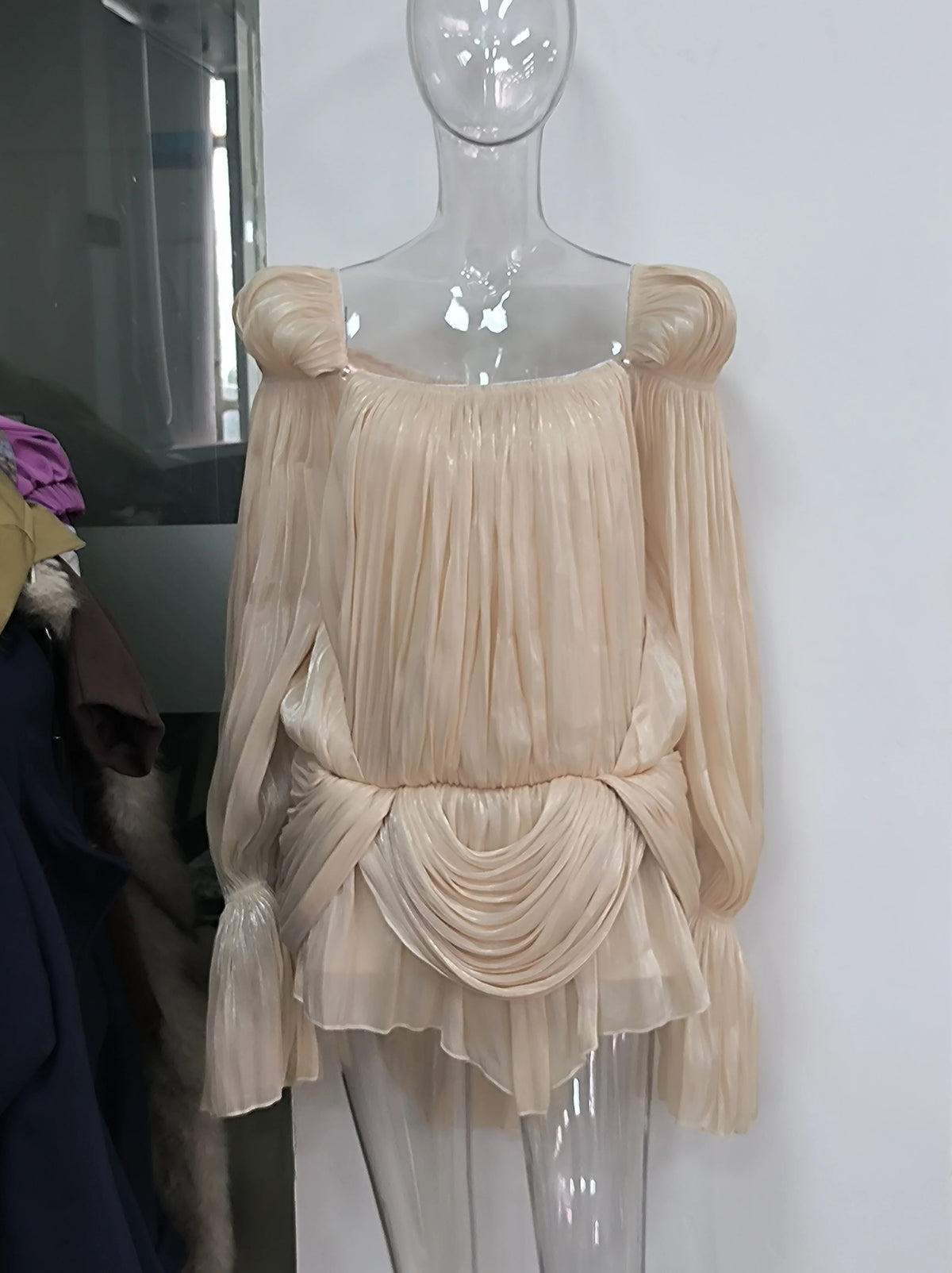 Satin Off Shoulder Pleated Mini Dress with Puff Sleeves