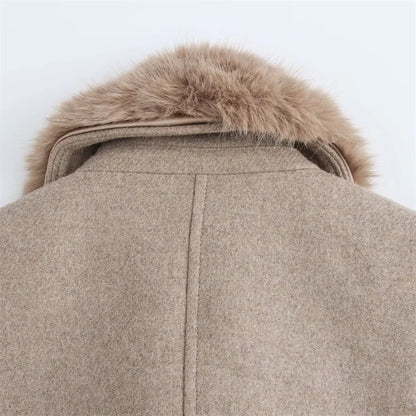 Women's Long Polyester Coat with Fur Collar and Pockets