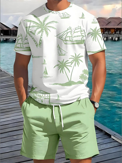 Men's Casual Hawaiian Print T-Shirt and Shorts Set