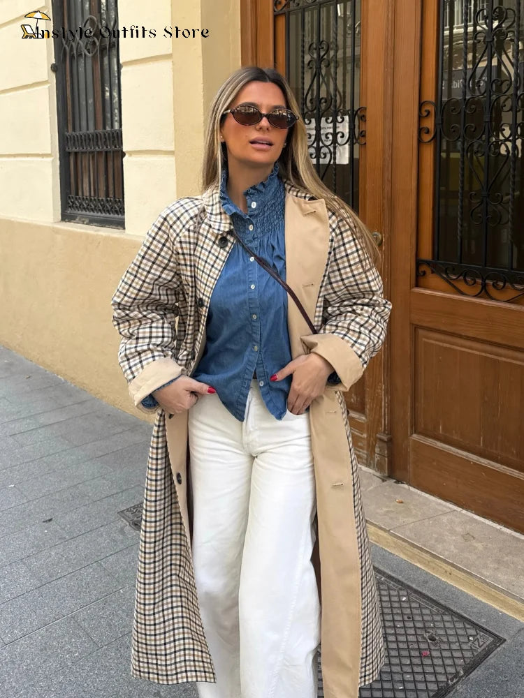 Double-Sided Long Trench Coat for Women with Pockets
