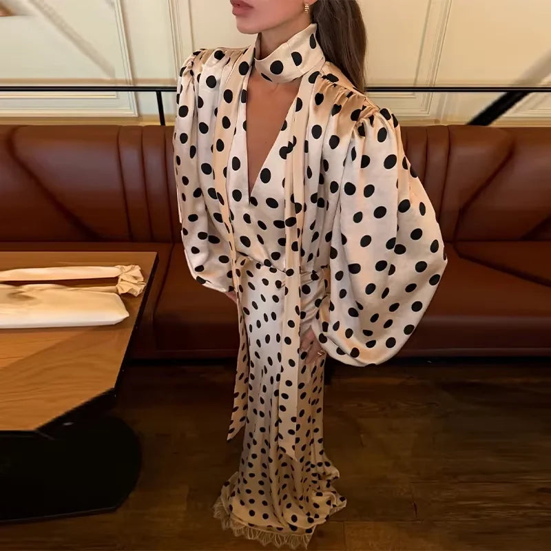 Elegant Satin Polka Dot Maxi Dress for Women