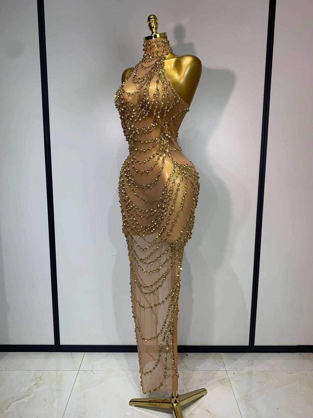 Sparkly Rhinestone Transparent Mesh Long Dress