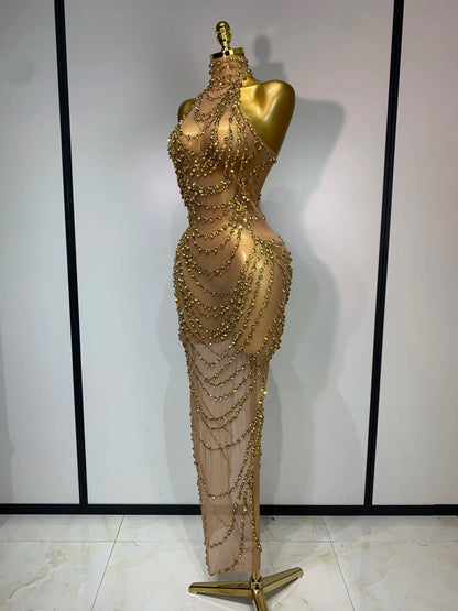 Sparkly Rhinestone Transparent Mesh Long Dress