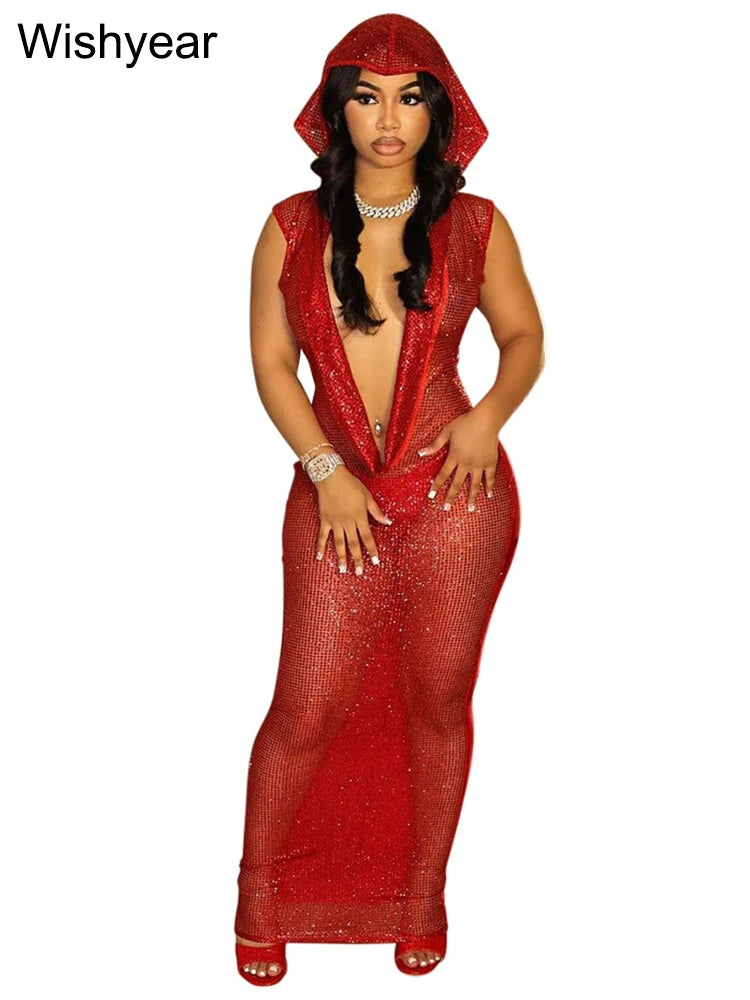 Luxury Red Hooded Dress for Women with Sequins