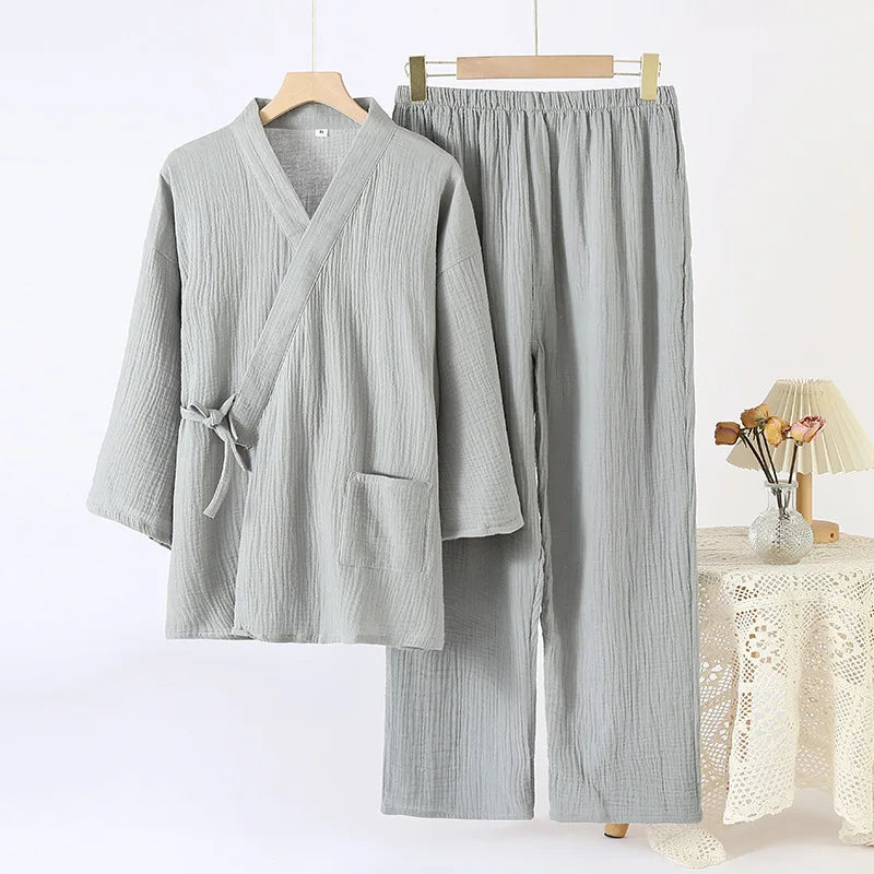 Cotton Couple Kimono Robes with Long Trousers Set
