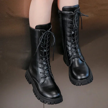 Black Mid Boots for Girls with Square Heel and Zip Closure