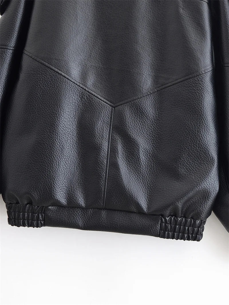Black Long Sleeve Faux Leather Motorcycle Jacket