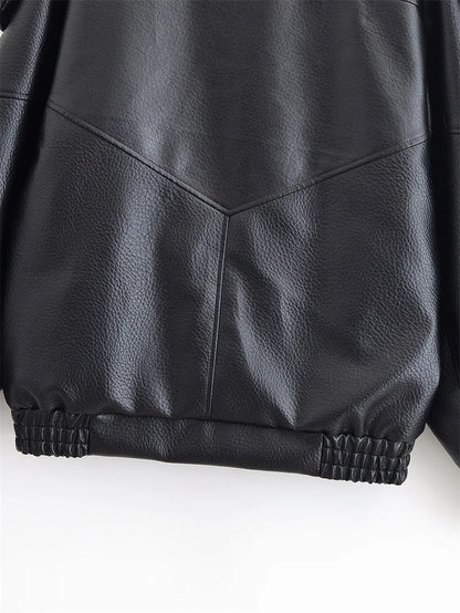 Black Long Sleeve Faux Leather Motorcycle Jacket