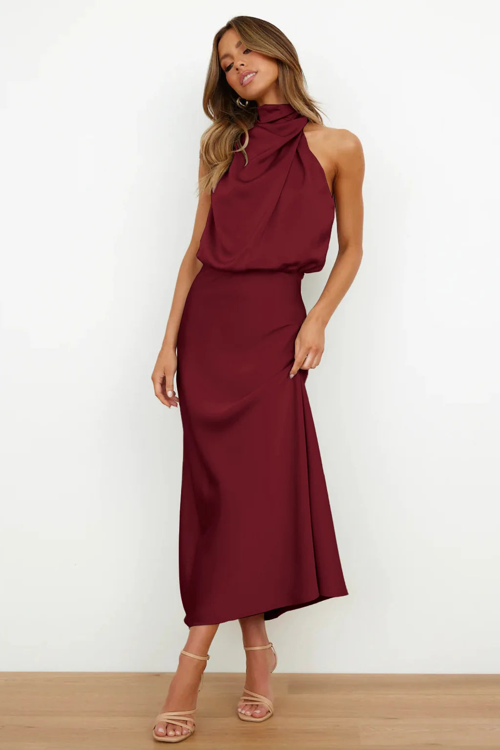 Elegant Silk Satin Sleeveless Long Dress for Women