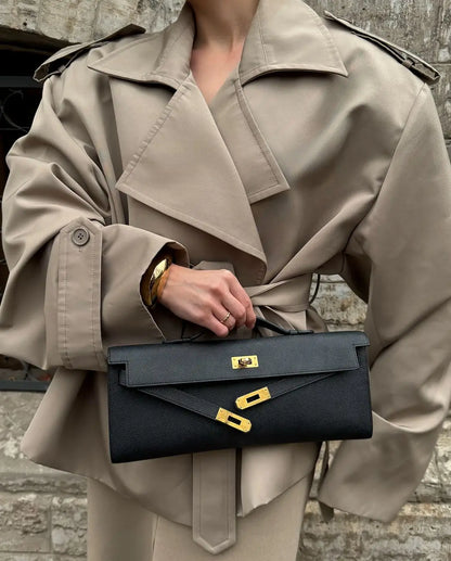 Lapel Lace Up Trench Coat Women Casual Long Sleeve