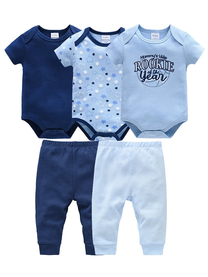 Baby Boy Summer Cotton Bodysuit Set Blue Grey Tie Print