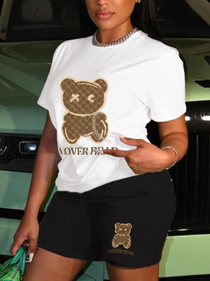 Plus Size Cartoon Bear Print Hooded Sweater Set