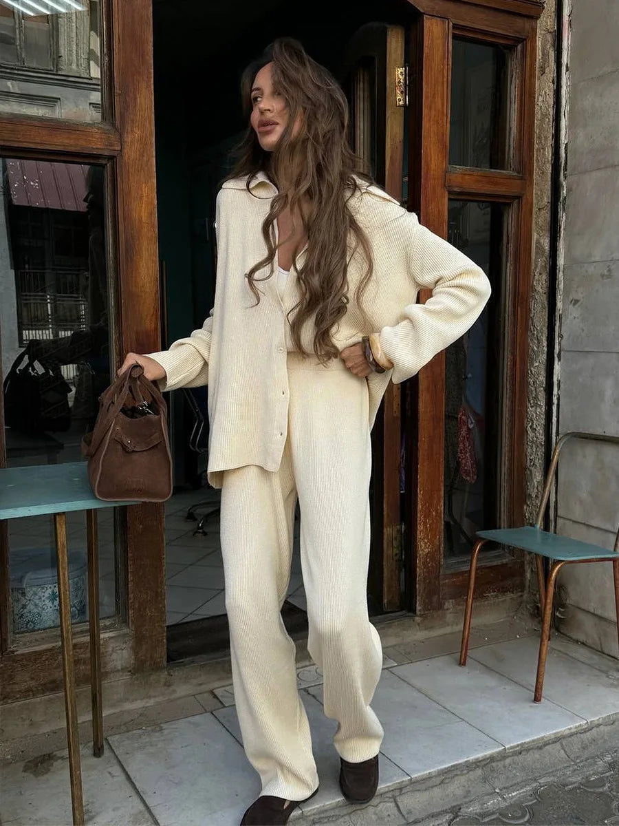 Knit Cardigan Pants Set for Women - Thick and Warm Outfit