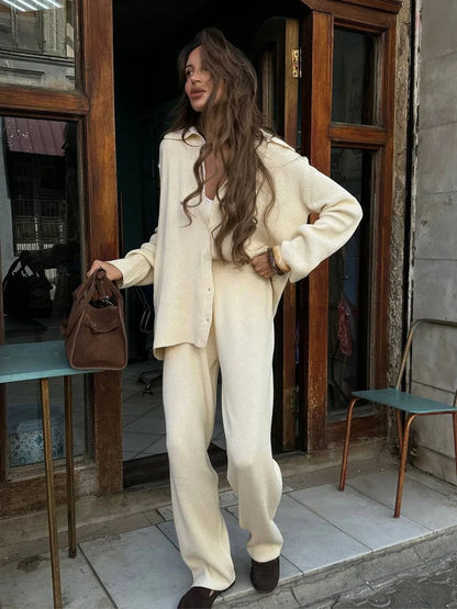 Knit Cardigan Pants Set for Women - Thick and Warm Outfit