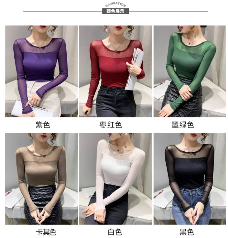 Women Slim Fit Long Sleeve Mesh T-Shirt