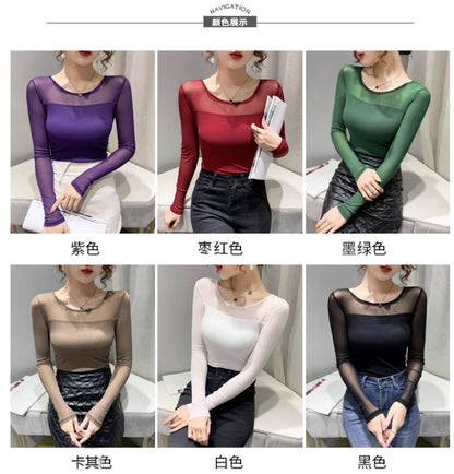 Women Slim Fit Long Sleeve Mesh T-Shirt