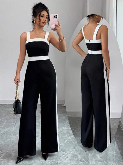 Women's Black White Square Neck Jumpsuit Polyester
