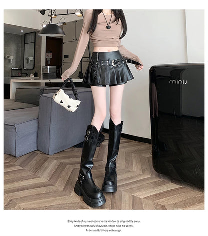 Black Pleated Leather A-line Skirt for Women