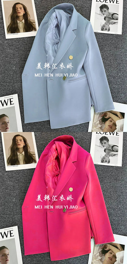 Candy Color Slim Blazer with Notched Collar and Metal Buttons