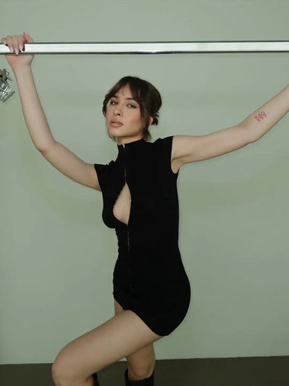 Kpop Black Hollow Out Mini Dress Women Elegant Turtleneck