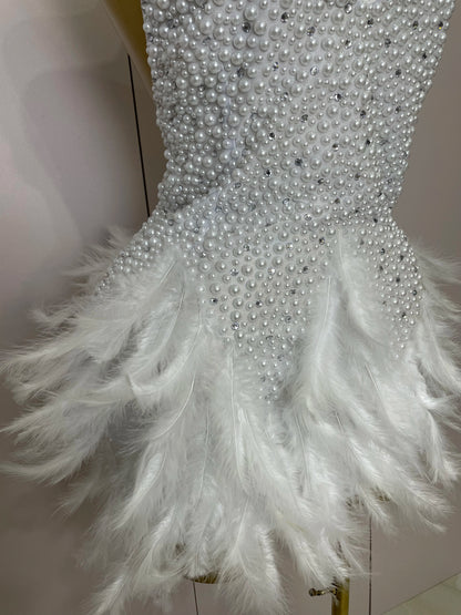 Luxury Rhinestones Pearls Feathers Halter Backless Dress