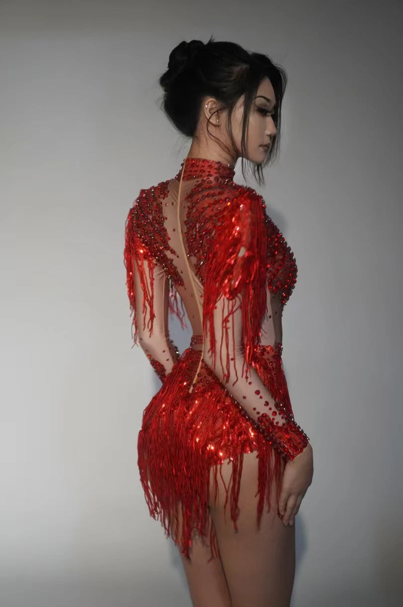 Rhinestone Tassel Elastic Bodysuit for Women