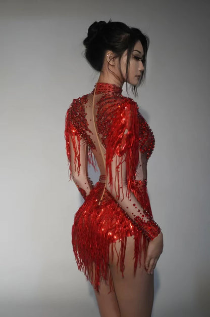 Rhinestone Tassel Elastic Bodysuit for Women