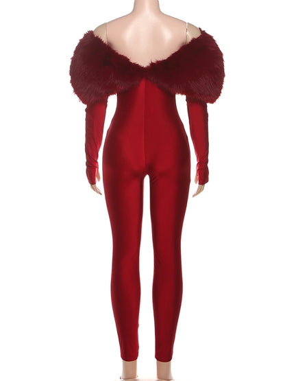 Furry Slash Neck Jumpsuit Women Polyester Elastane