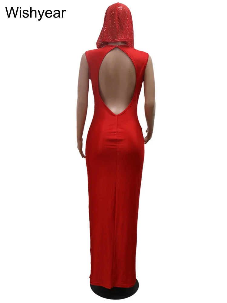 Luxury Red Hooded Dress for Women with Sequins