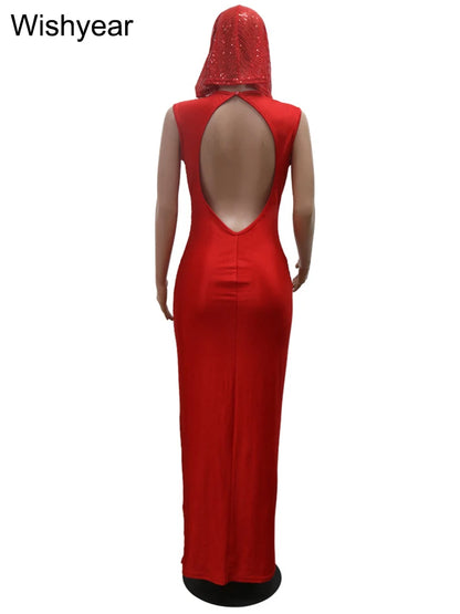 Luxury Red Hooded Dress for Women with Sequins