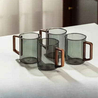 400ml Glass Cups with Walnut Handle for Tea
