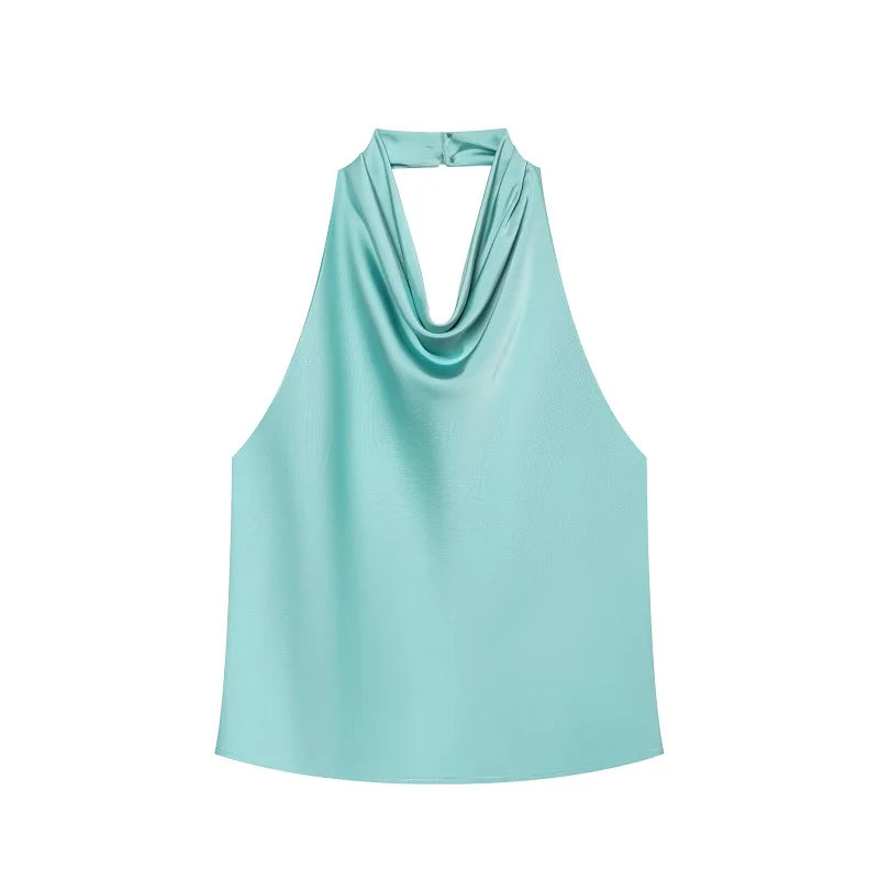 Black Satin Backless Halter Top for Women