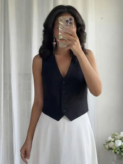Women'S Solid Suit Vest Sleeveless Cropped Waistcoat