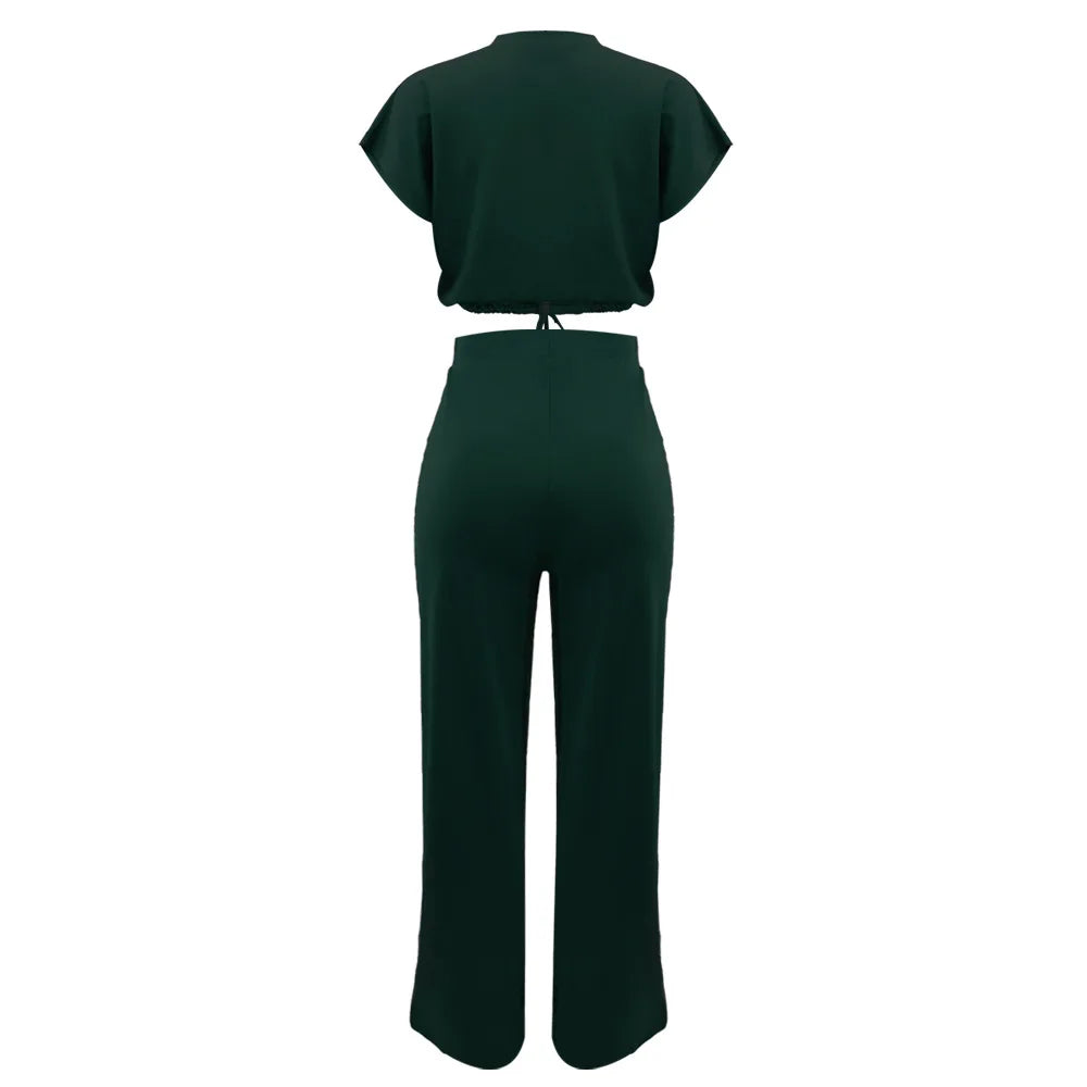 Women Casual Short Sleeve Drawstring Top and High Waist Pants Set