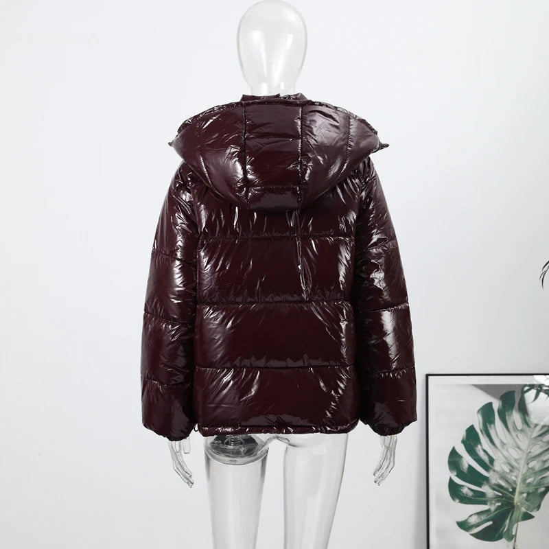 Solid Glossy Zipper Hooded Coat Women's Cotton Jacket