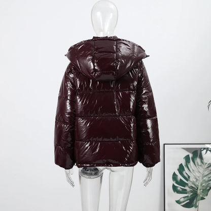 Solid Glossy Zipper Hooded Coat Women's Cotton Jacket