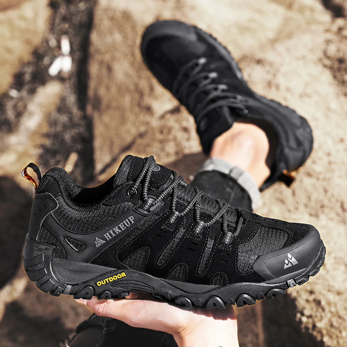 HIKEUP Men's Suede Leather Hiking Shoes Black Gray Khaki