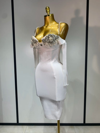 Women Backless Bodycon Bandage Dress with Pearls